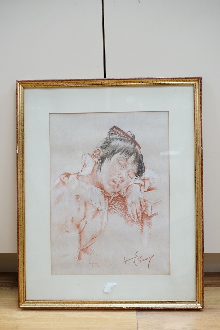 Franco Matania (Italian, 1922-2016), sanguine chalk, study of a sleeping girl, signed, 38 x 28cm. Condition - fair